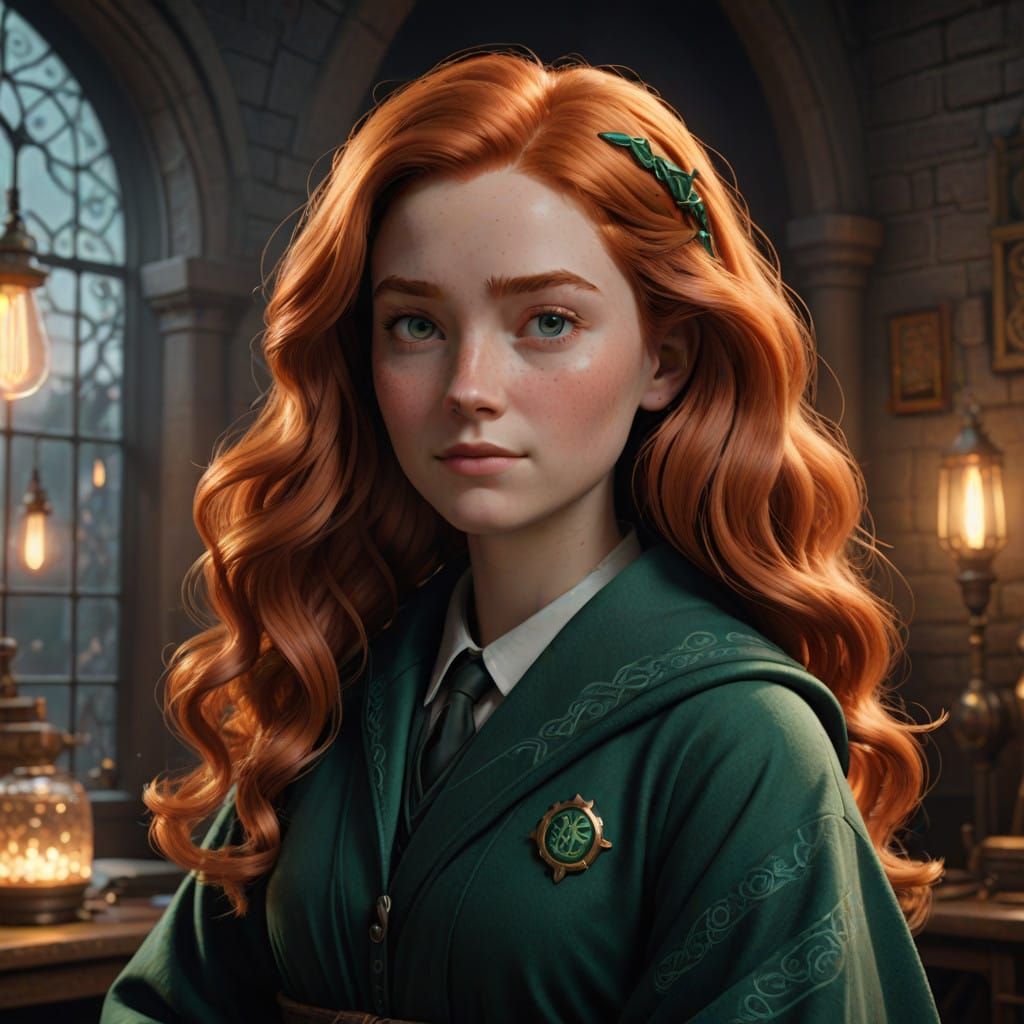 Ginger Slytherin Girl in Vibrant Hogwarts Robes