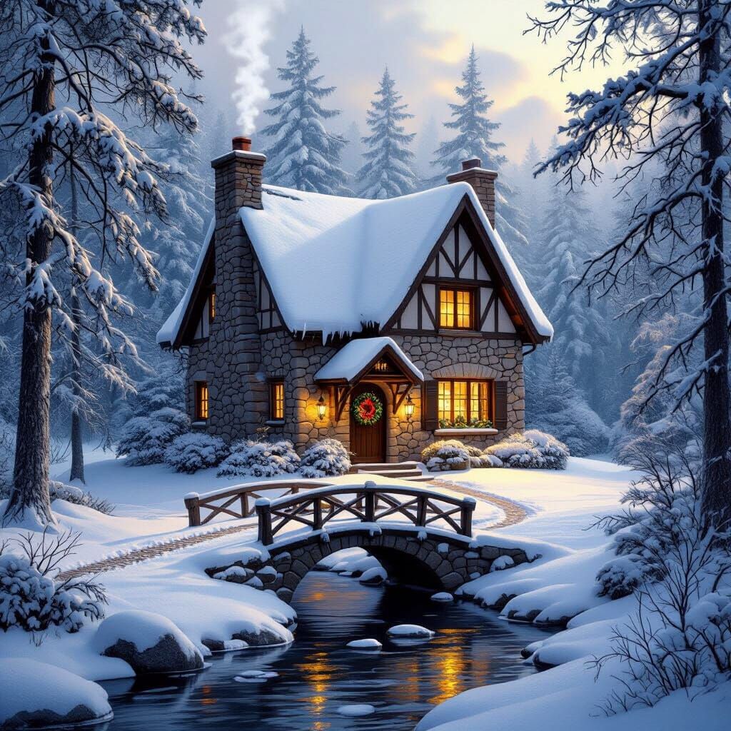 Charming Snow-Covered Cottage in Magical Winter Scene