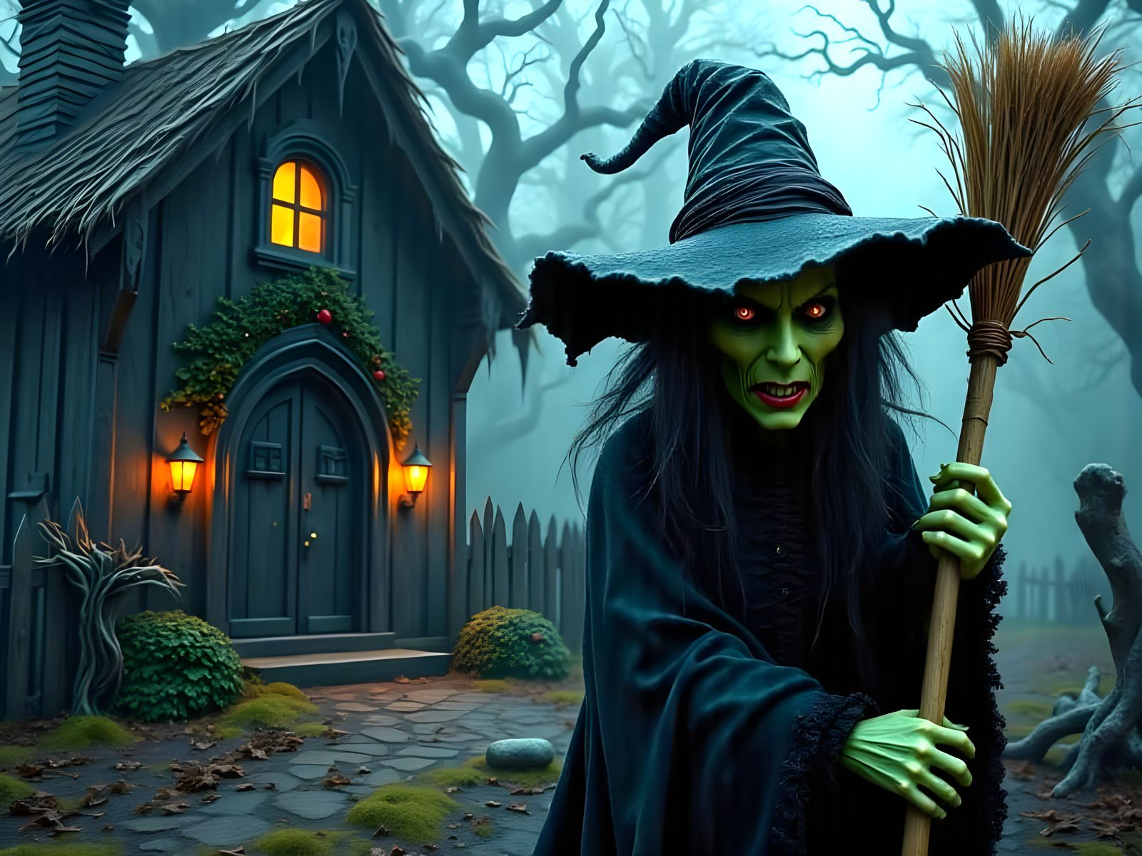 Grotesque Wicked Witch in Autumn Landscape