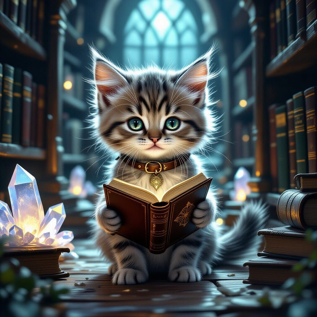 Mischievous Kitten Explores Ancient Library with Glowing Cry...