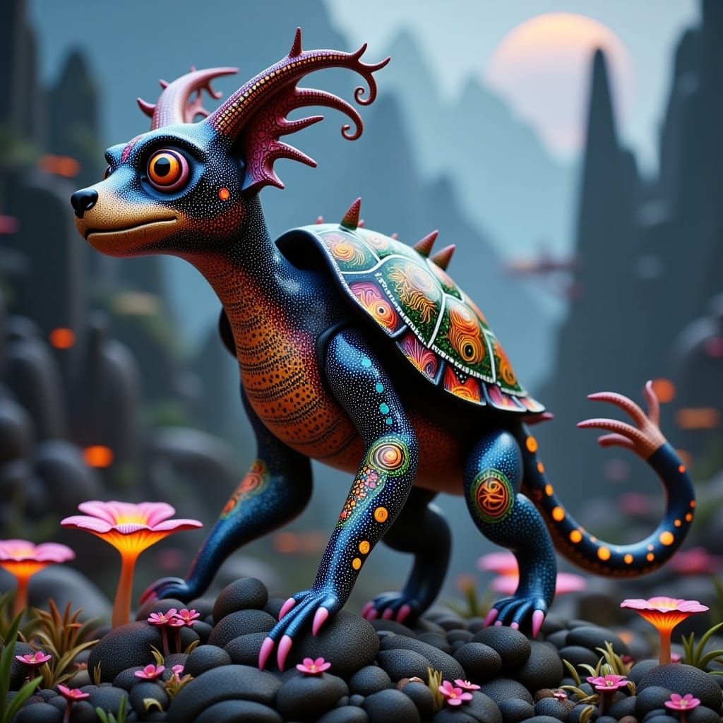 Iridescent Monkey-Turtle-Dragon Figurine in Dreamlike Landsc...