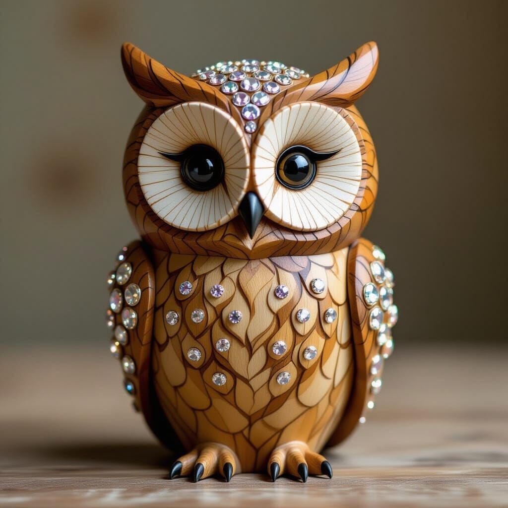 Detailed Wooden Barn Owl Figurine with Crystal Eyes