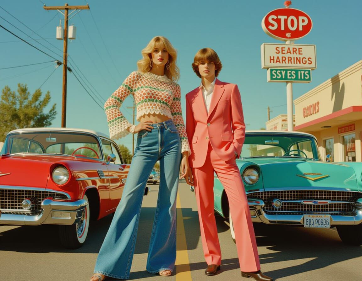 Fashionable Duo Posing with Vintage Cars in Retro Style