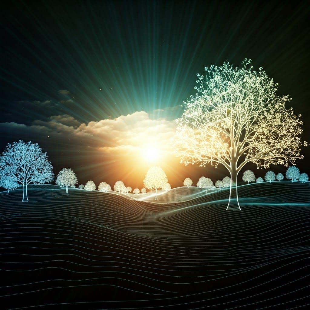 Ethereal Landscape of Luminous Shapes in Digital Art Style