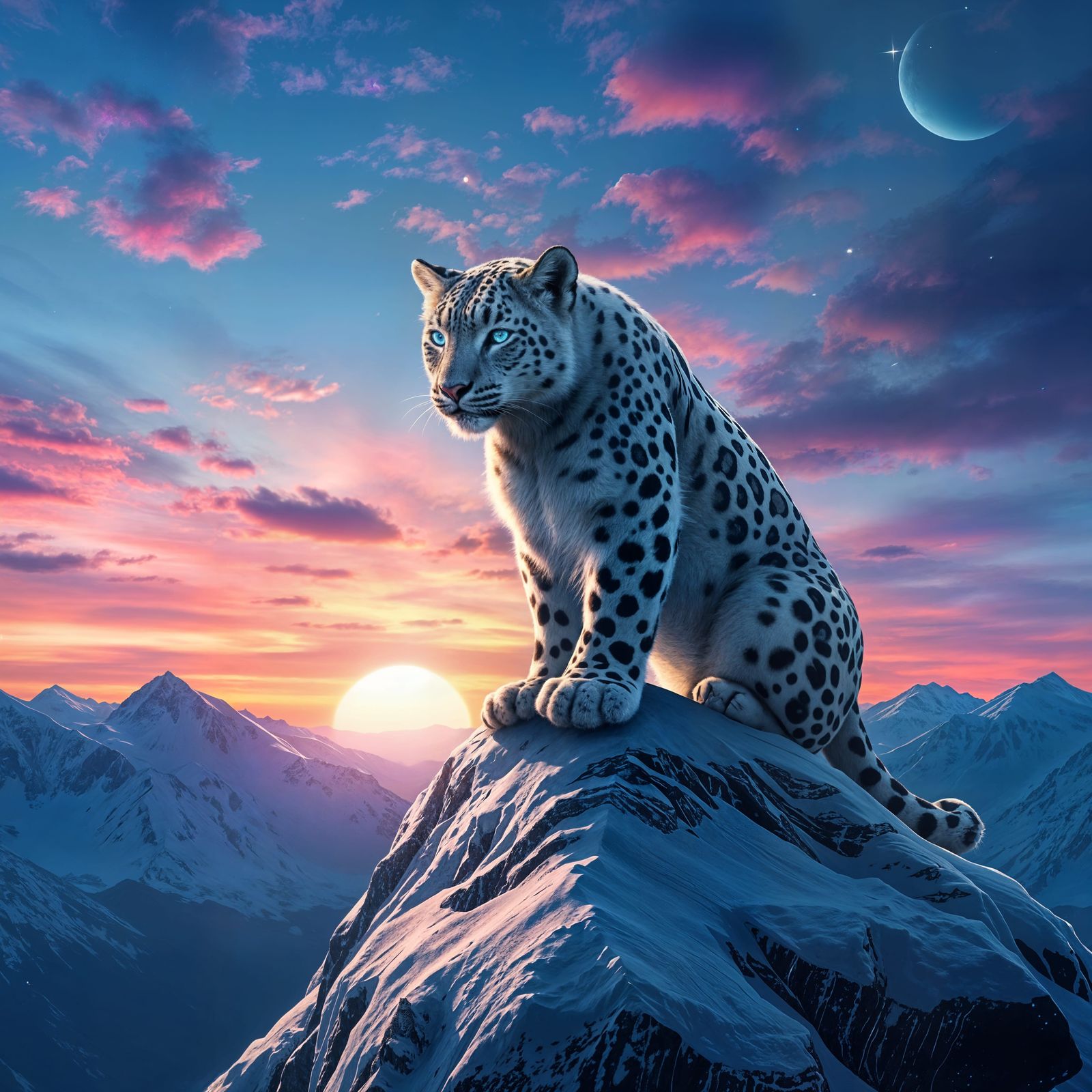 Majestic Snow Leopard in Vibrant Sunset Landscape