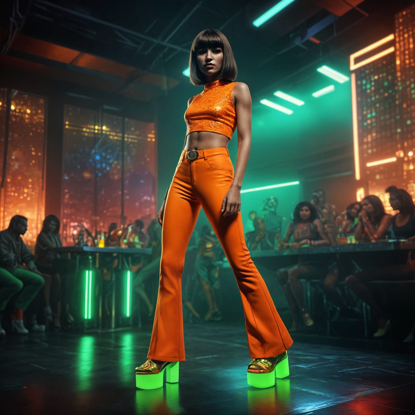Disco Dancer in Orange Outfit and Green Heels