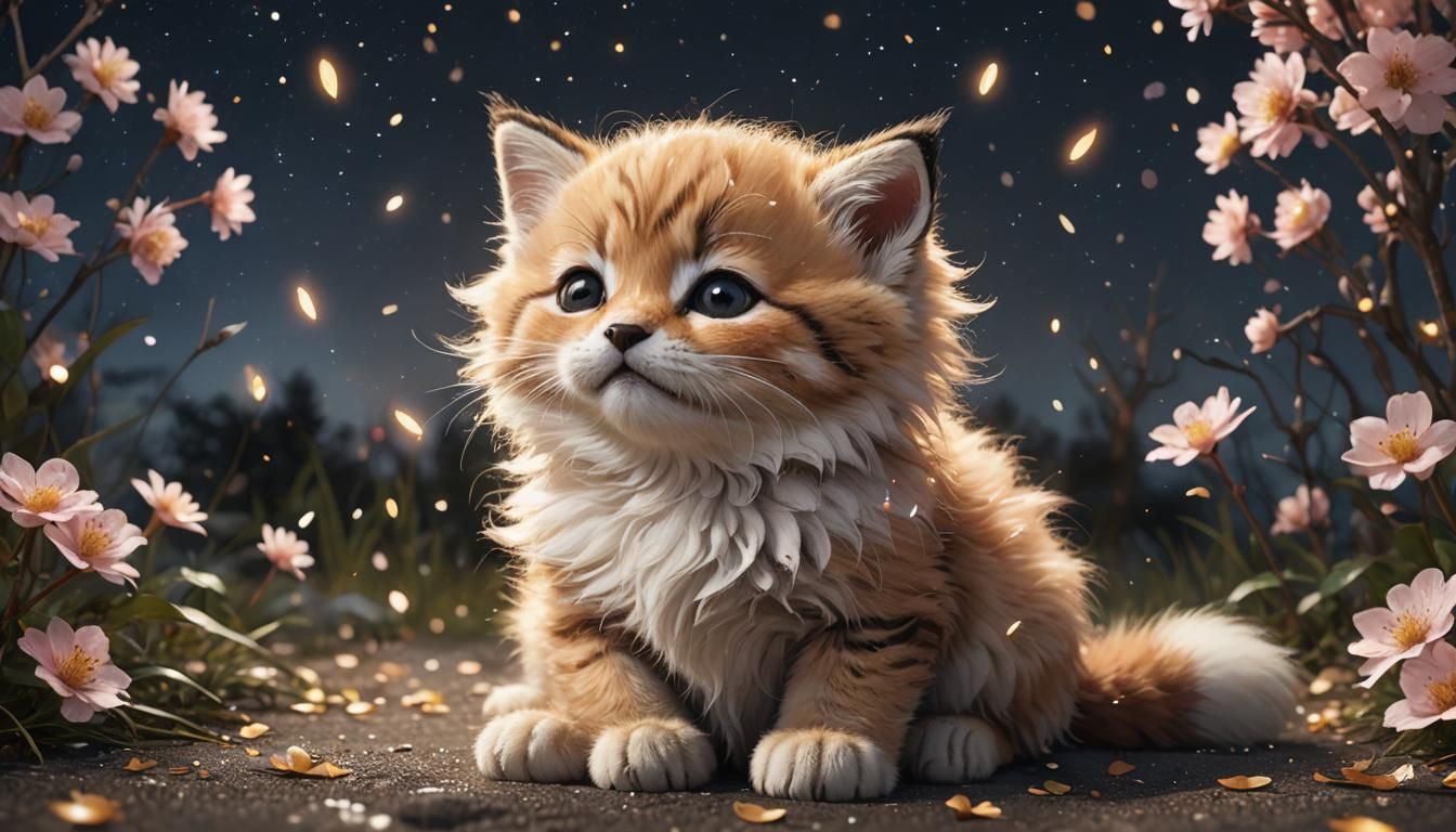Cute Kitten Shimmers Under Sakura Petals