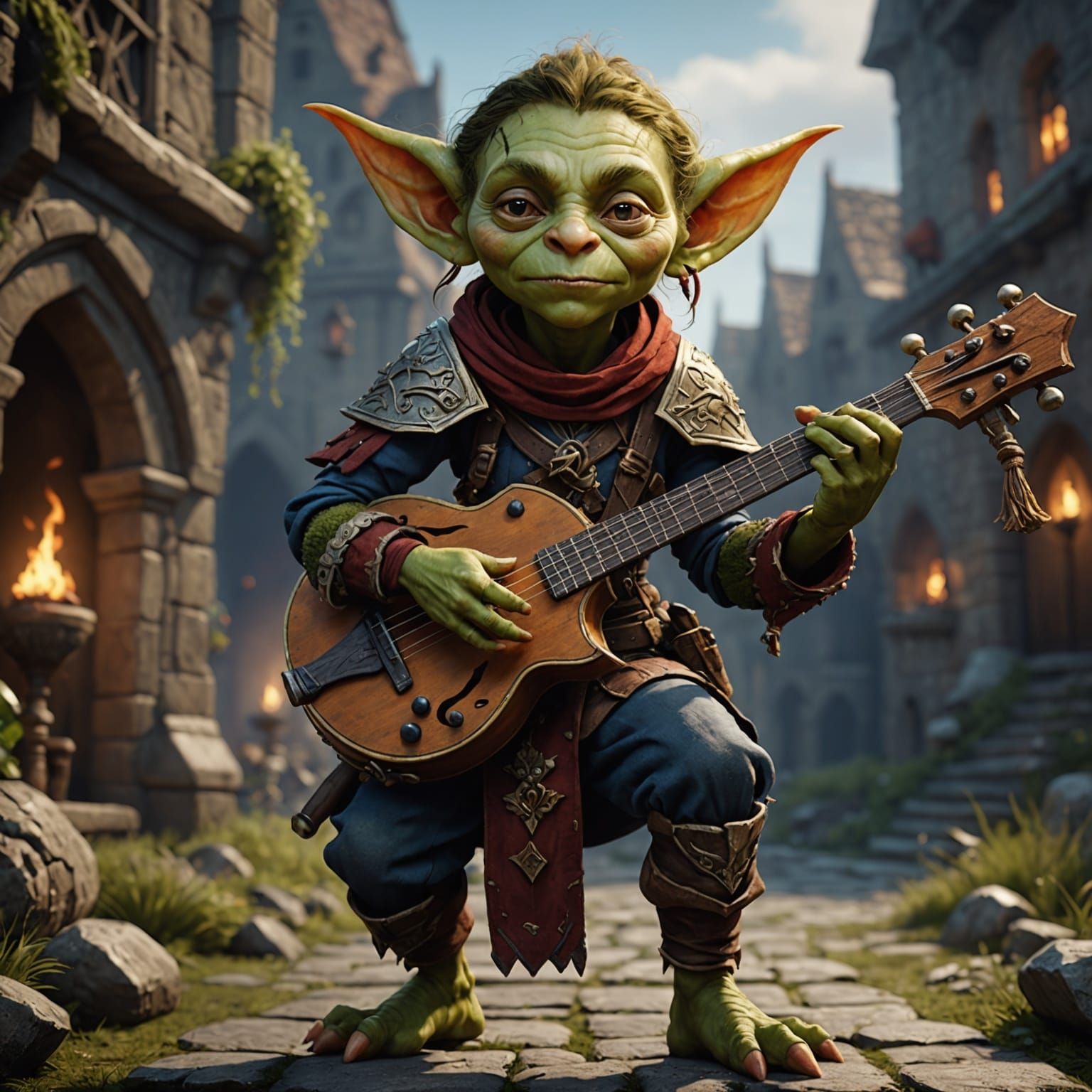 Goblin Bard in Vibrant Fantasy Landscape
