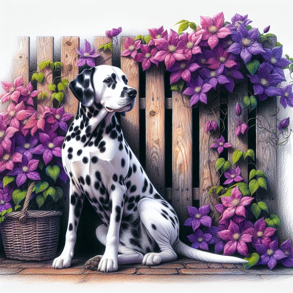 Dalmatian with Clematis: A Color Pencil Masterpiece