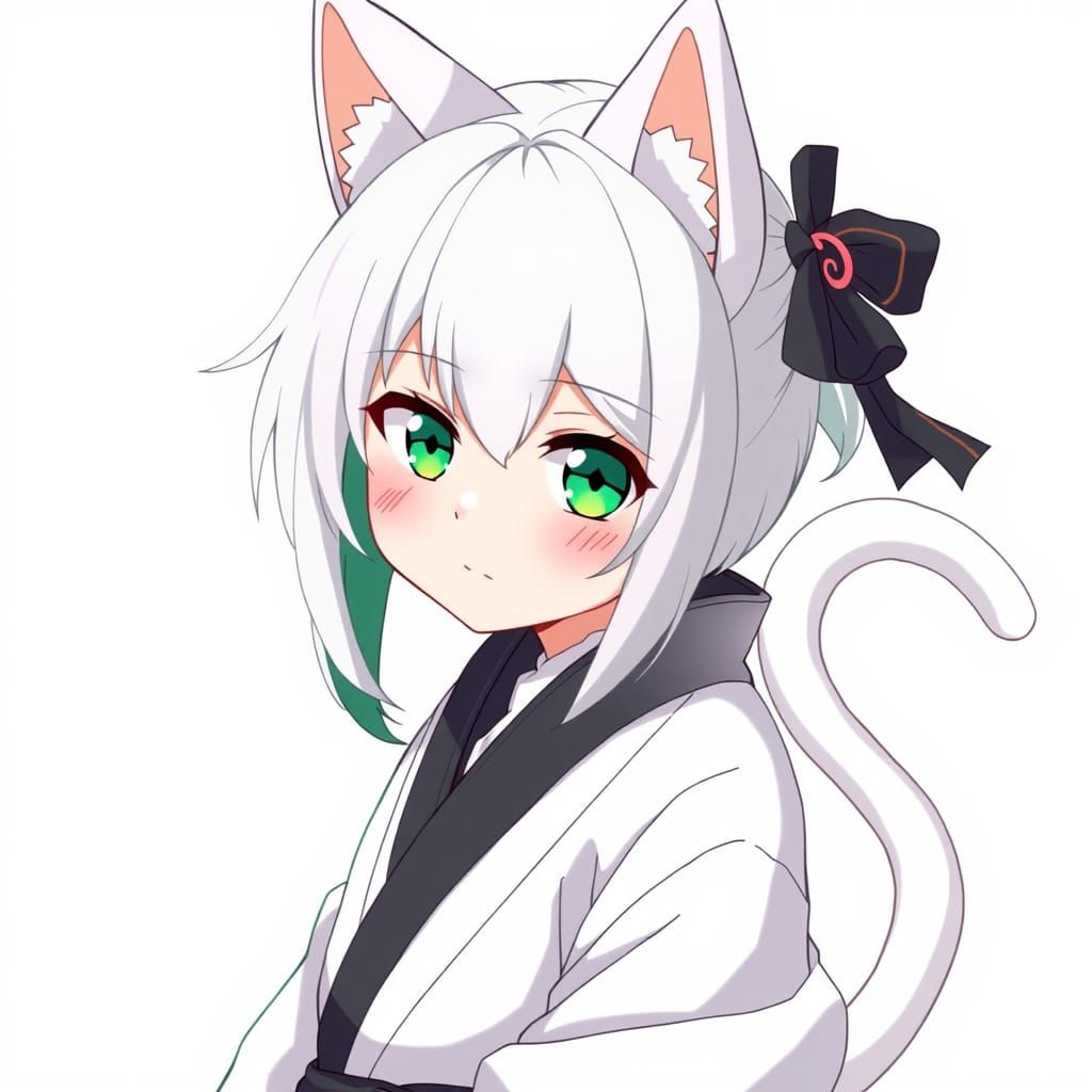 Cute Anime Ninja Girl with White Cat Ears