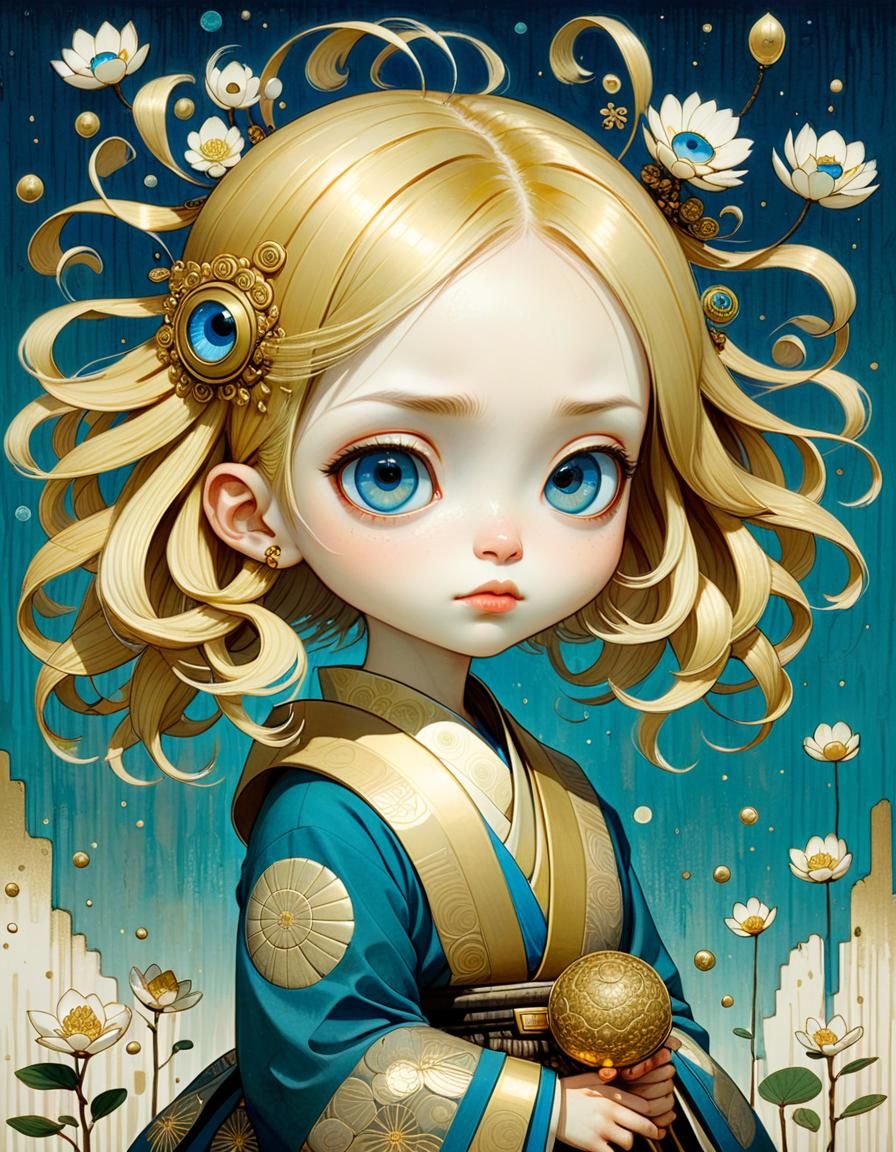 Adorable Girl with Gold Hair, Japanese Illustration