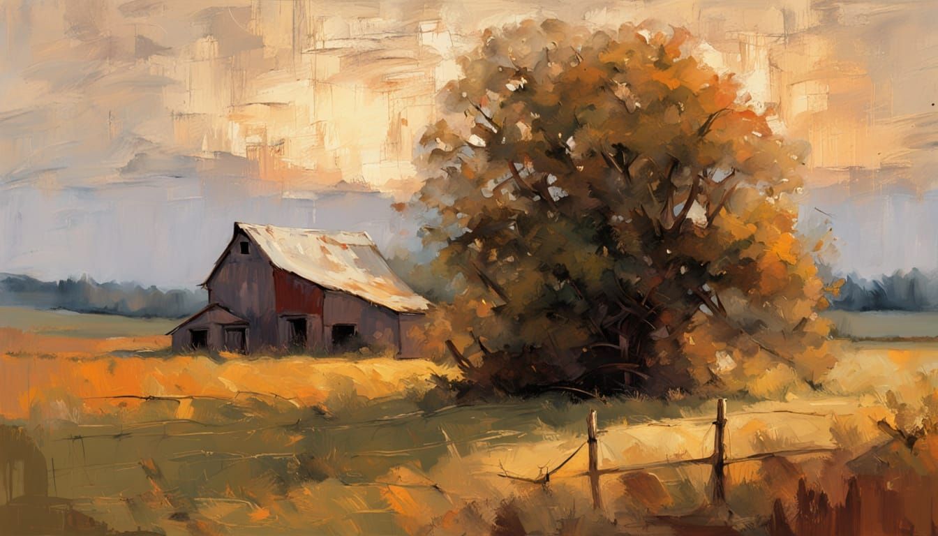 Old Barn and Tree at Golden Hour, Oil Painting