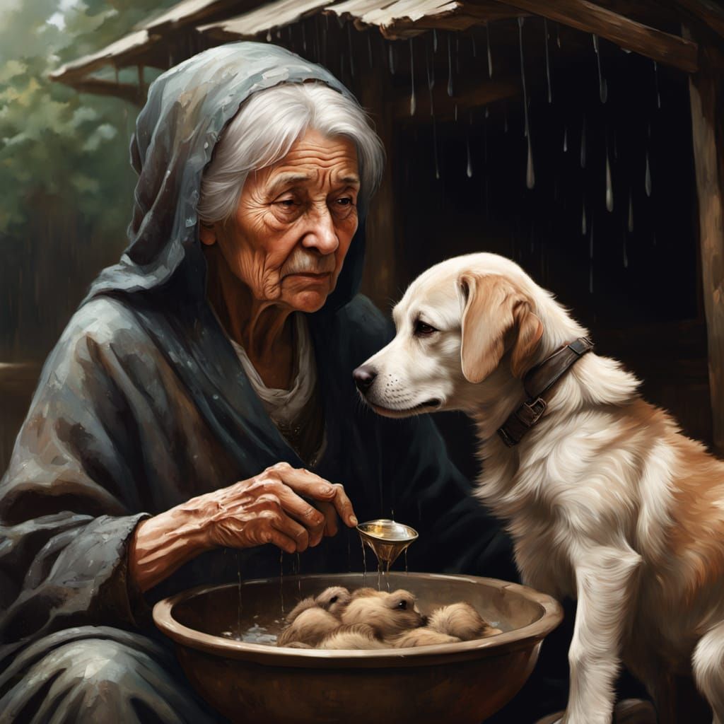 Elderly Woman Cares for Dog and Puppies in Rainy Shelter