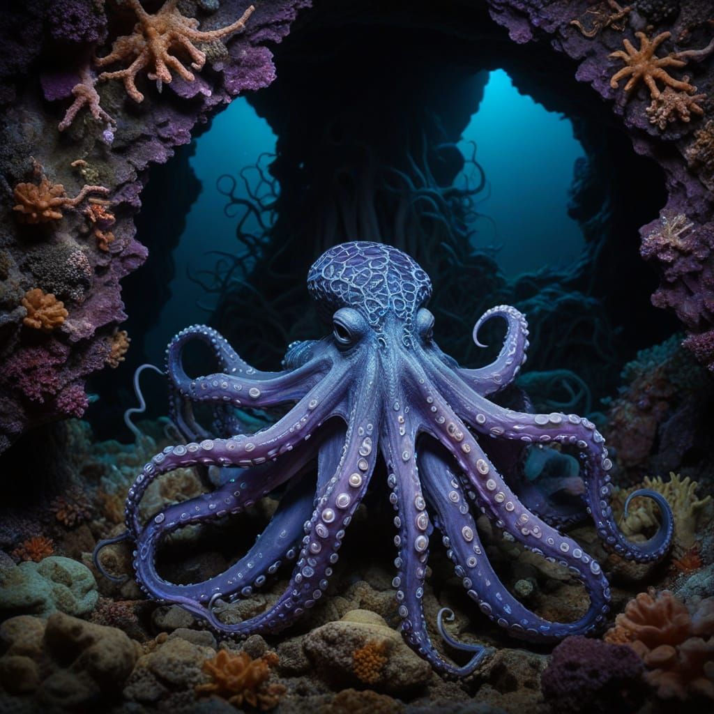 Surreal Octopus Weaving Through Glowing Coral Arches