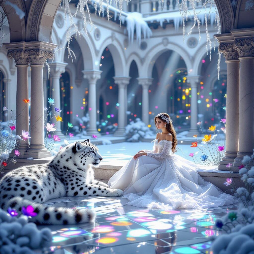 Majestic Snow Leopard and Girl in Glass Flower Courtyard