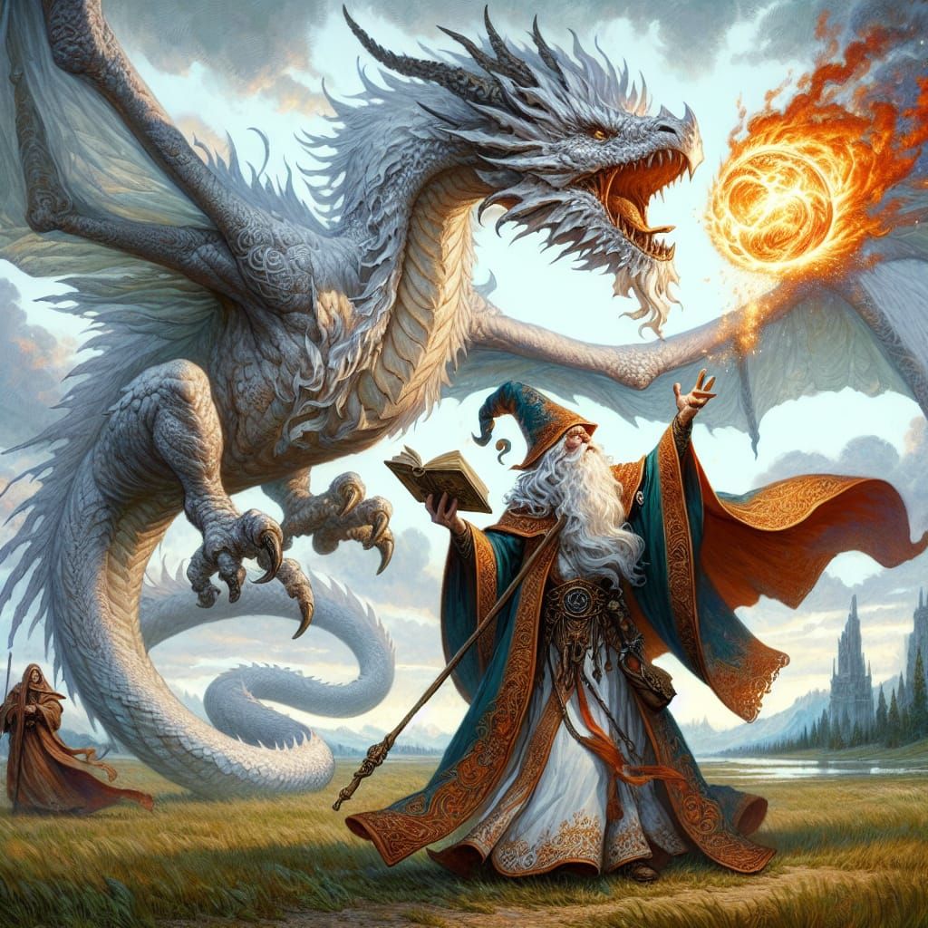 Ancient Sorcerer Stands Proud with Majestic White Dragon in...