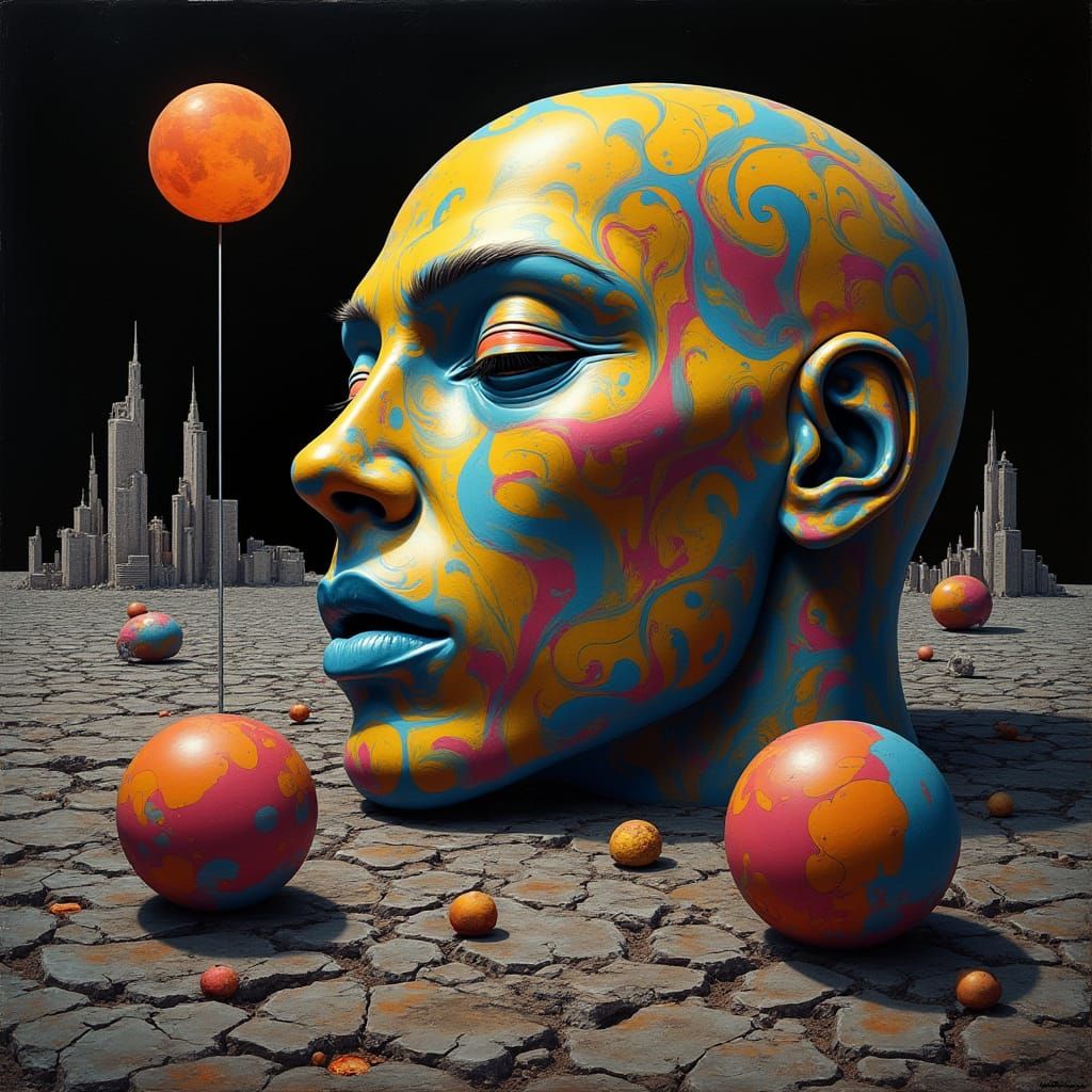 Surreal Face on Cracked Earth with Glossy Spheres