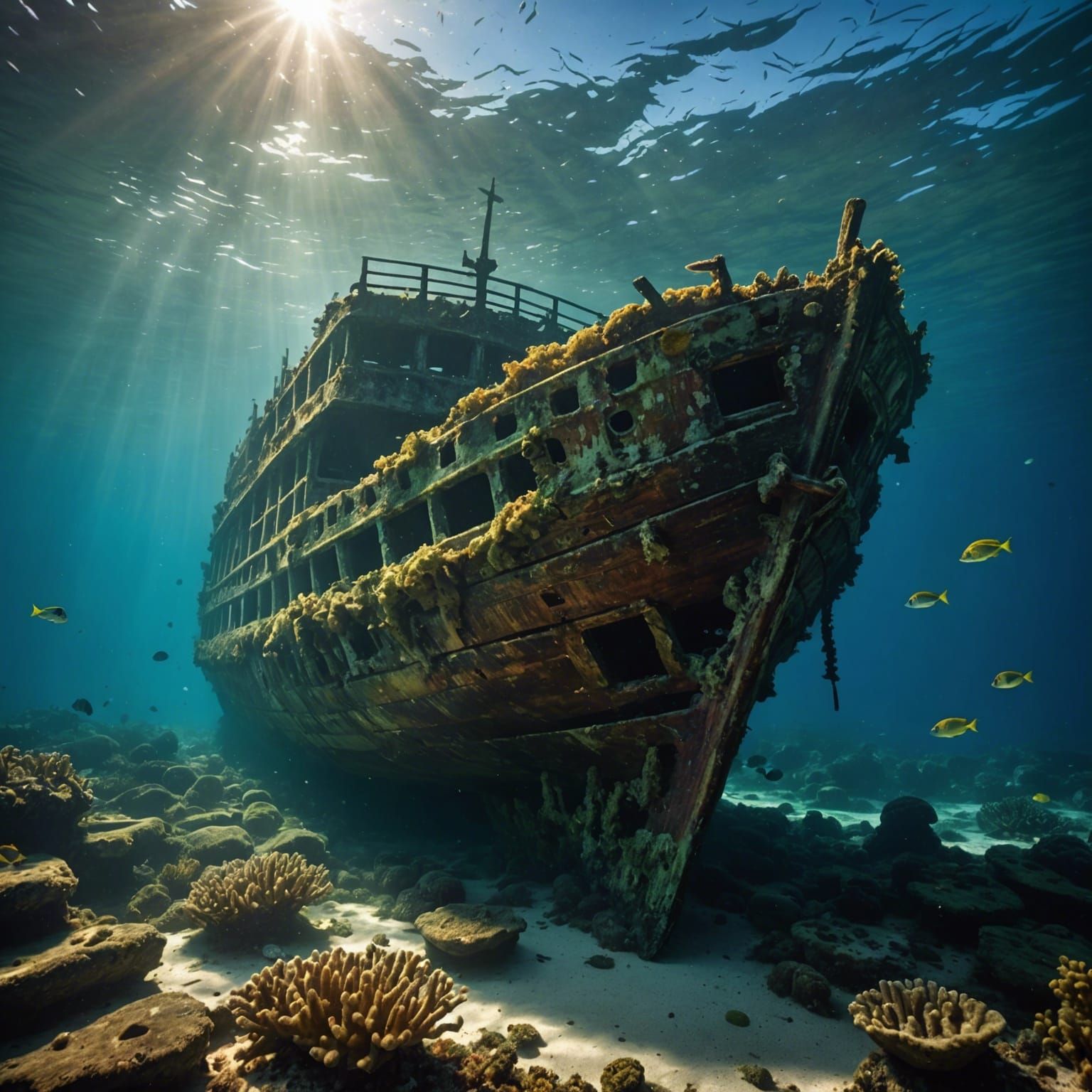 Underwater Shipwreck Scene with Coral and Fish