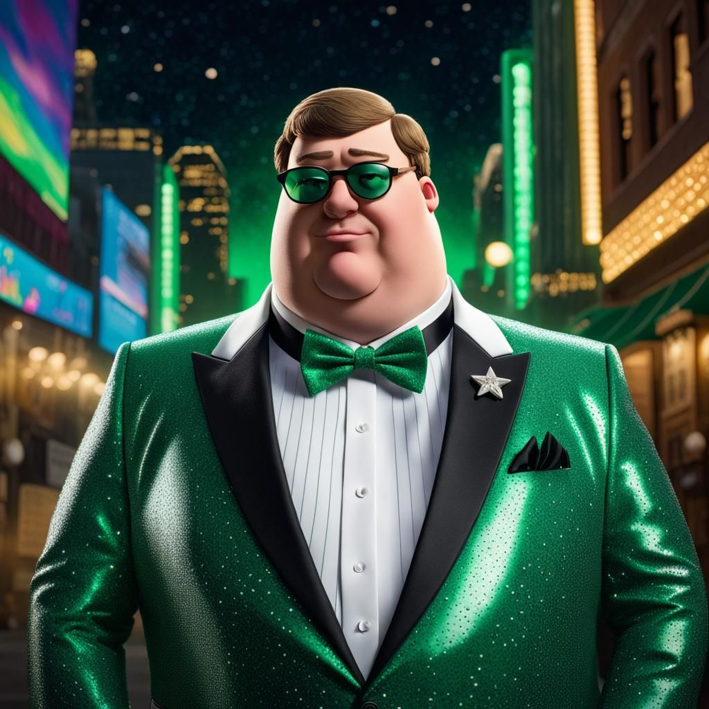 Peter Griffin in Tuxedo Against Starry Space Backdrop
