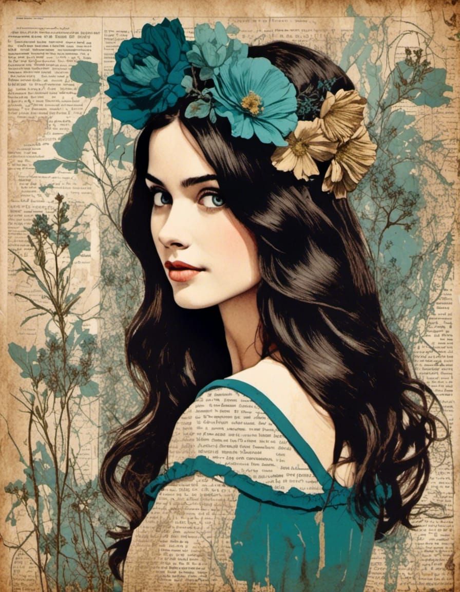 Vintage Collage Art Portrait with Flowers