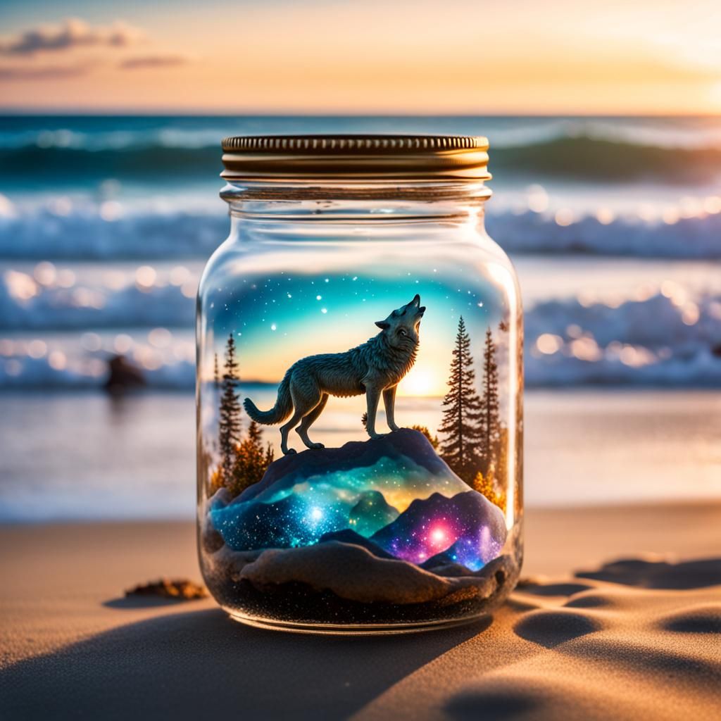 Cosmic Wolf in Glass Jar: 8K Macro Photograph