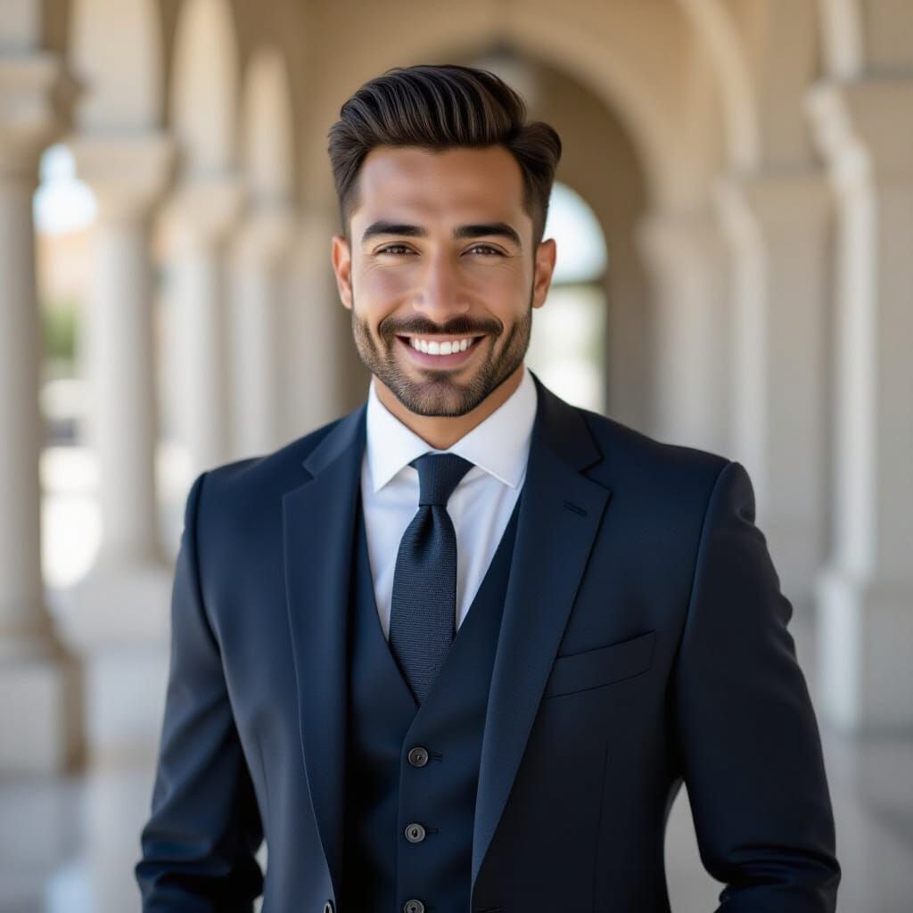 Handsome Man in Suit Poses in Atmospheric Room