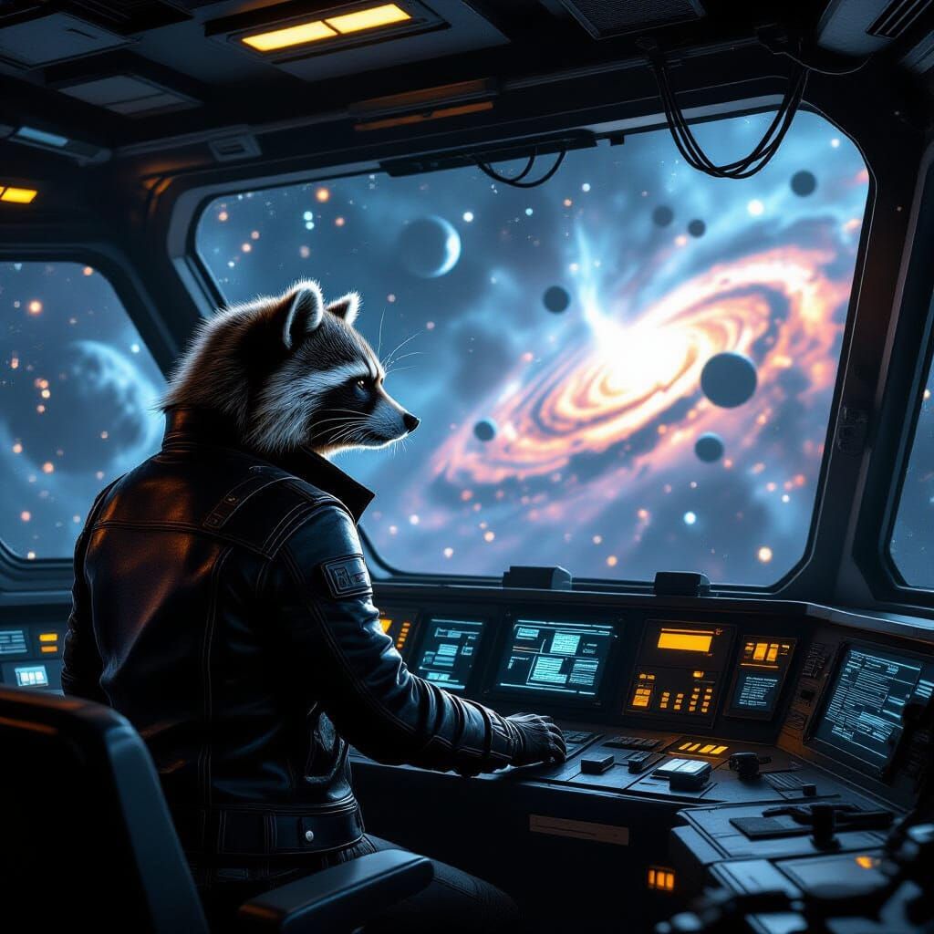 Space Raccoon Captain on Derelict Starship Bridge