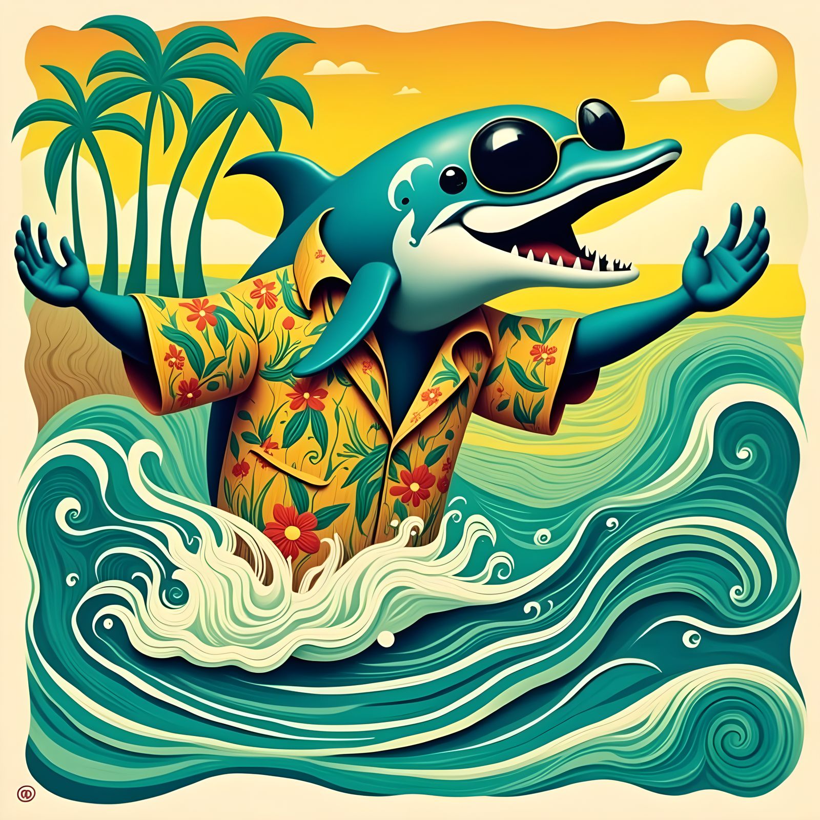 Whimsical Woodcut Dolphin in Joyful Splash