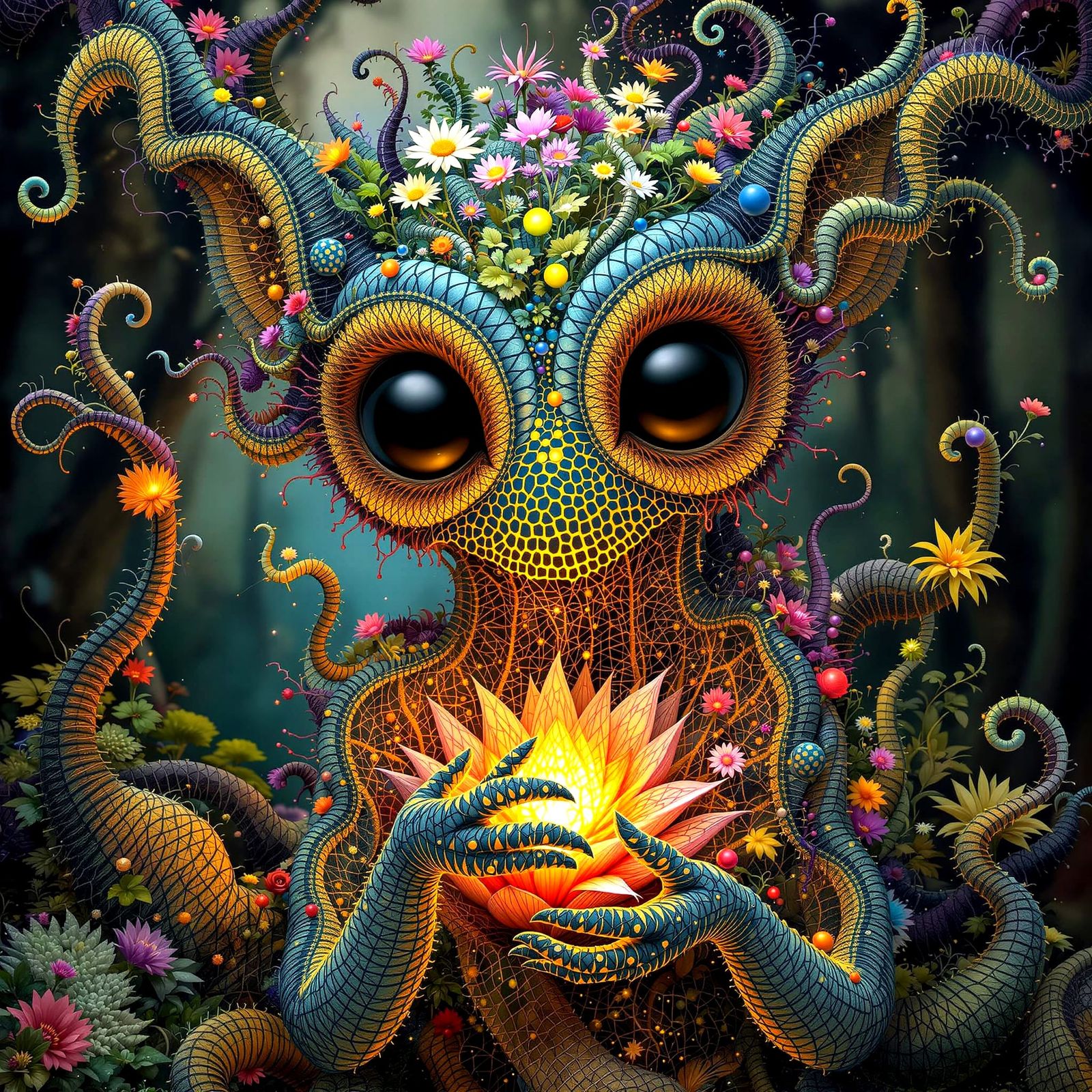 Whimsical Creature Holds Intricate Magical Flower in Mystica...