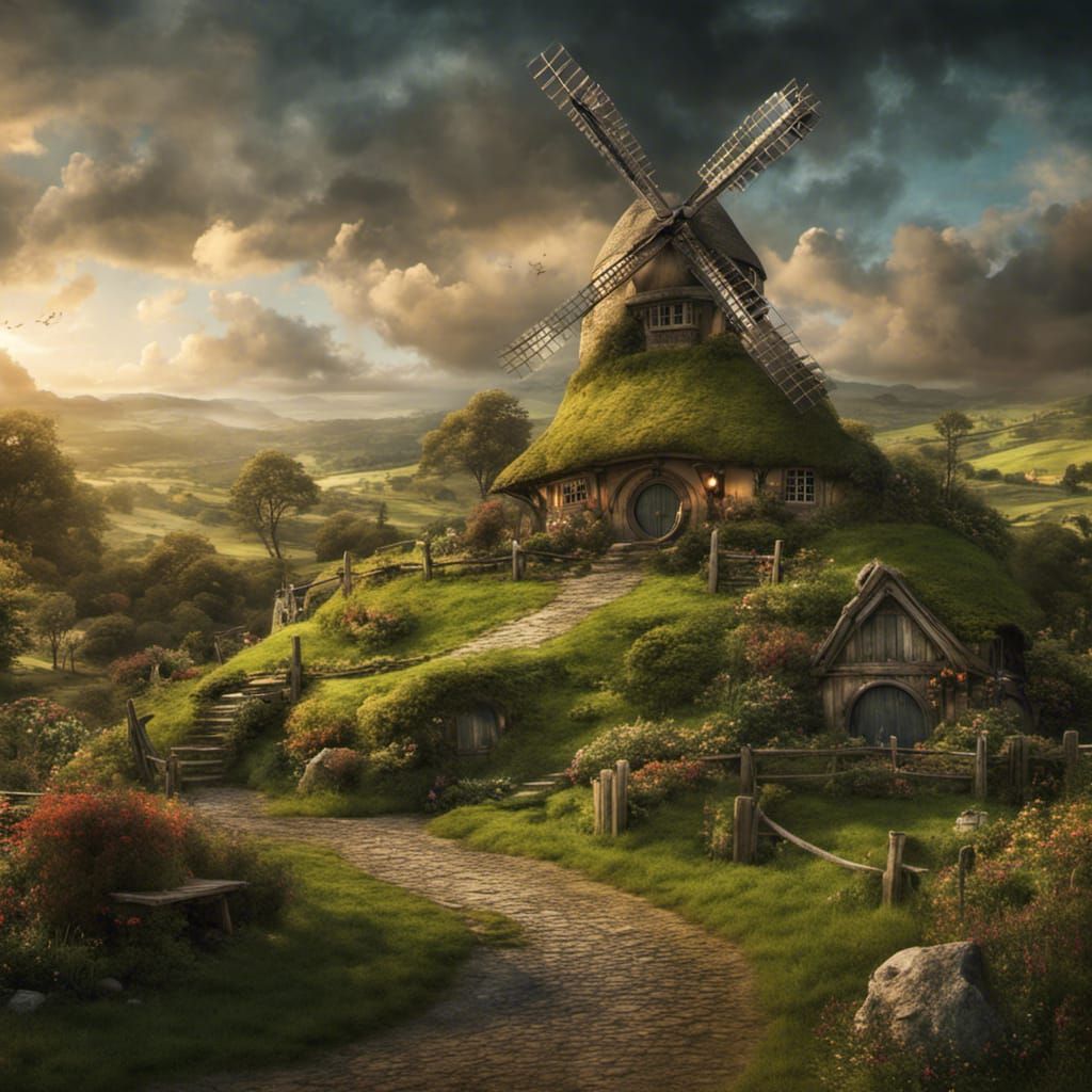 Hobbiton Village with Windmill: Digital Matte Painting