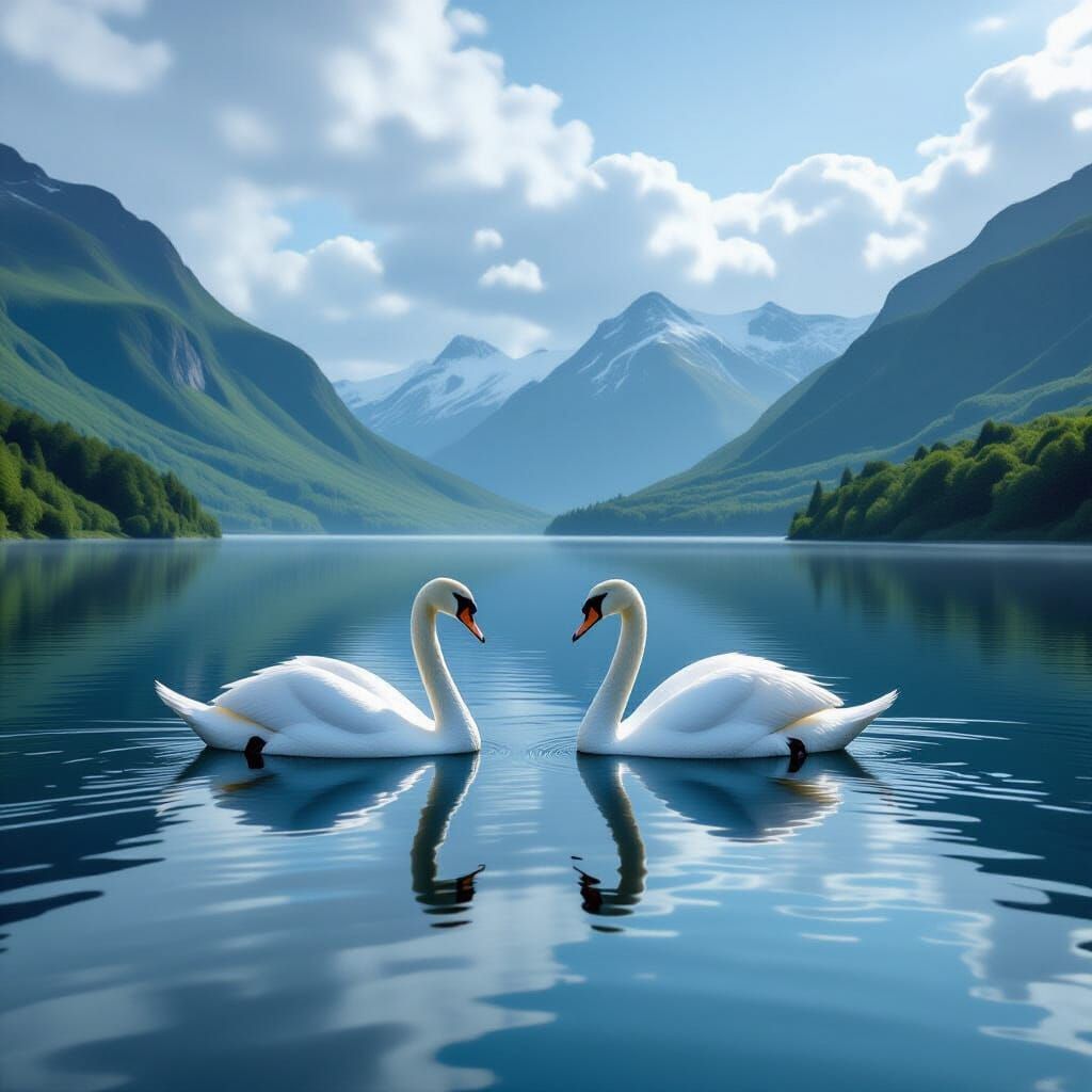 Serene Swans on a Lake: Photorealistic Digital Painting