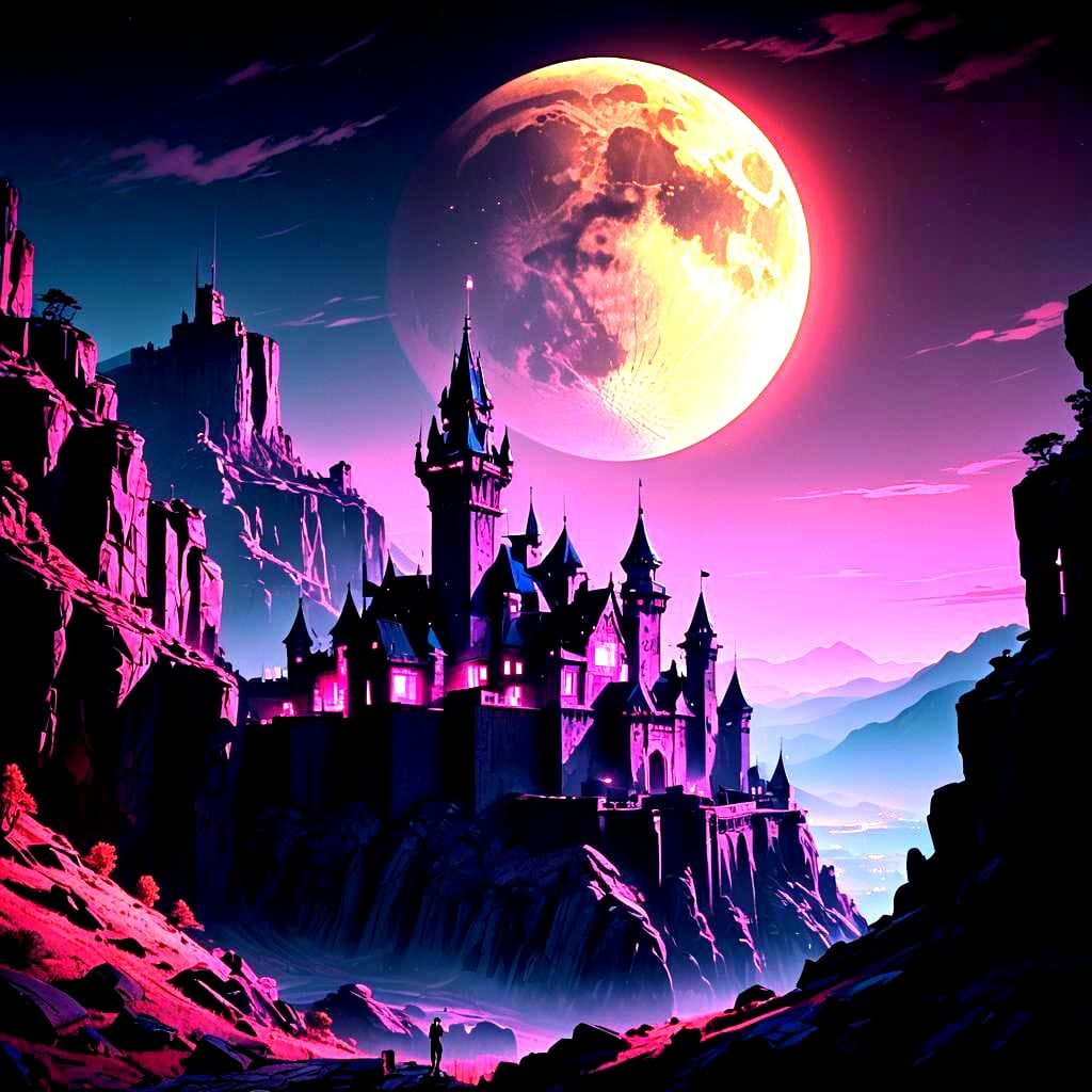 Cyberpunk Castle Under Giant Moon