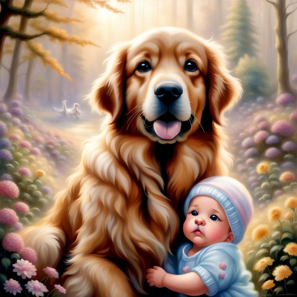 Golden Retriever and Baby in Ethereal Fantasy Style