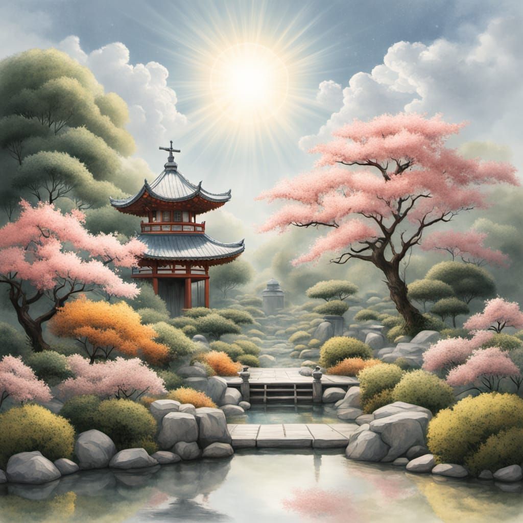 Yin Yang: Japanese Garden in Watercolor and Hyperrealism