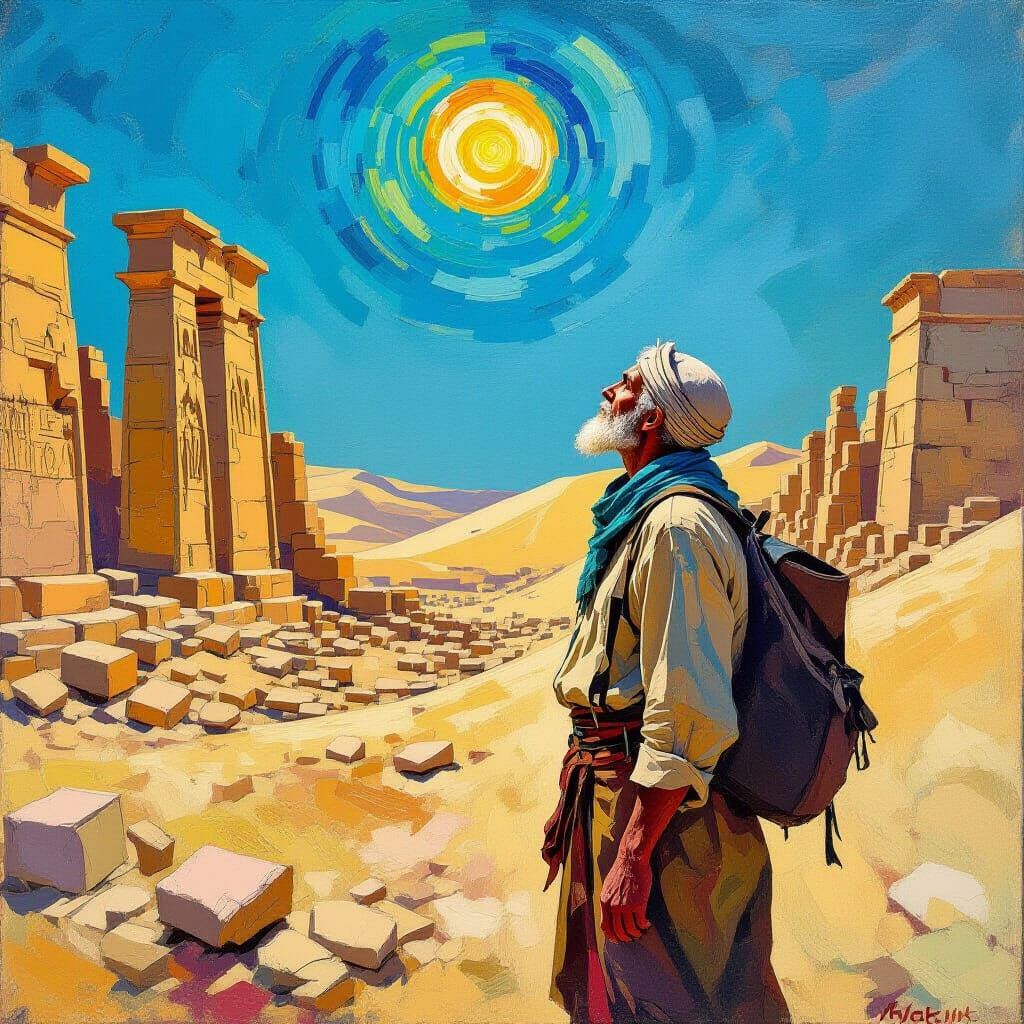 Traveller in Ancient Ruins as Impasto Painting