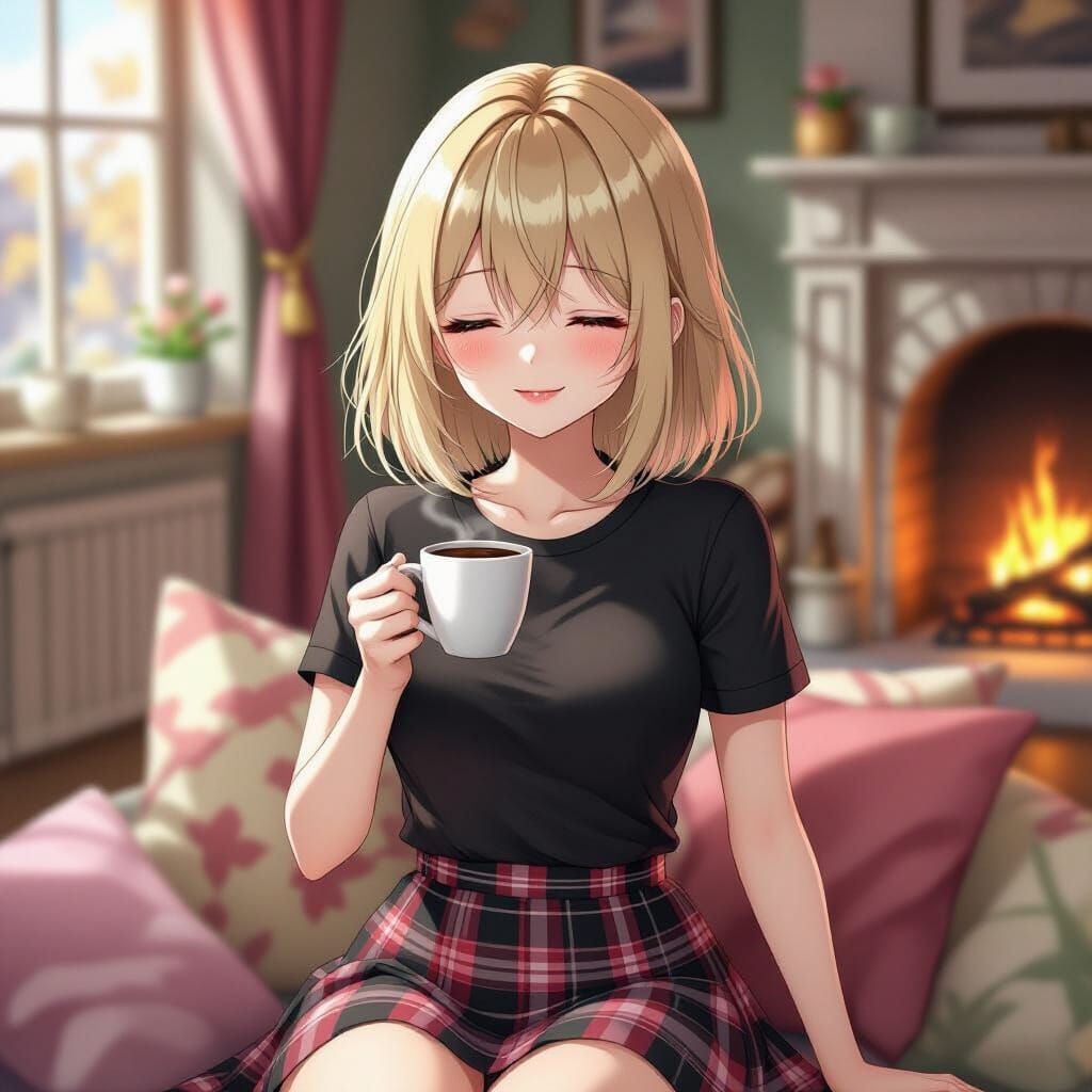 Mystical Anime Girl in Cozy Autumn Room