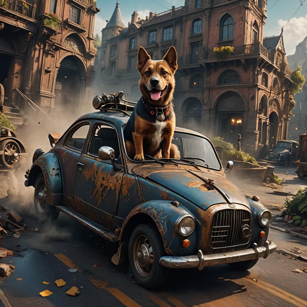 Dog Drives Car in Detailed Fantasy Art