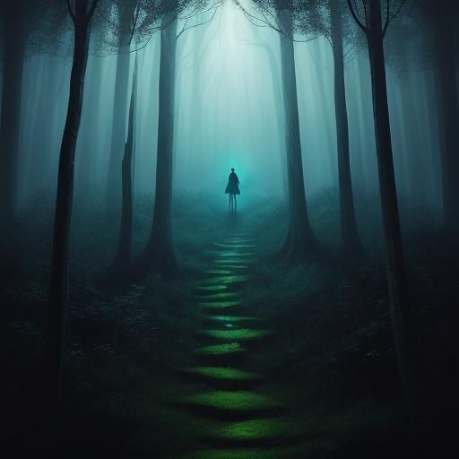 Ethereal Descent: Surreal Figure in Mystical Forest