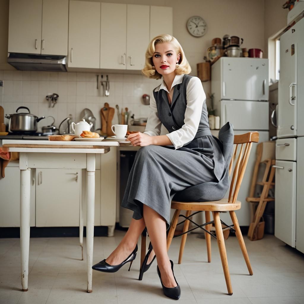 Blonde Woman Scared of Mouse in 1960s Kitchen