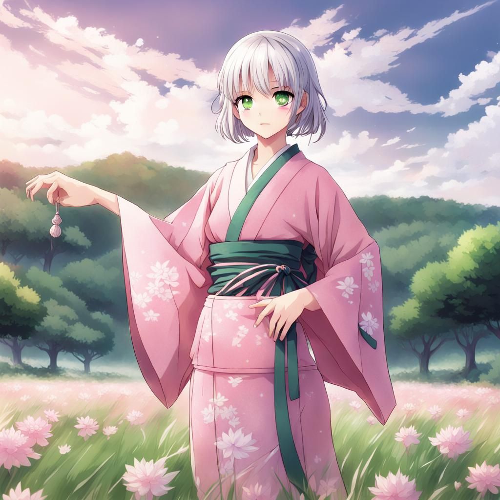 Silver-Haired Girl in Pink Kimono, Anime Style