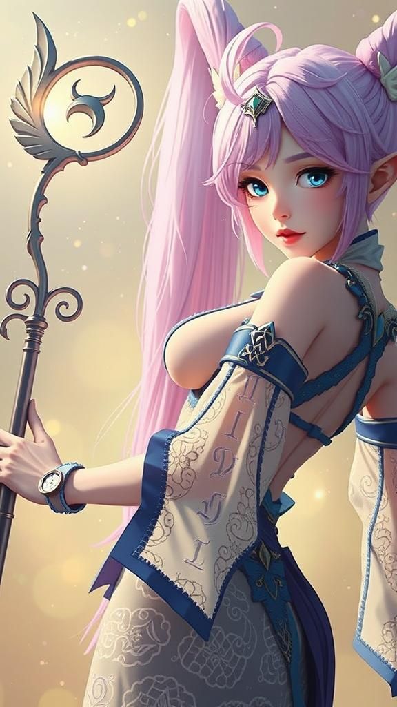 Anime Elven Mage with Pink Pigtails in Ethereal Light