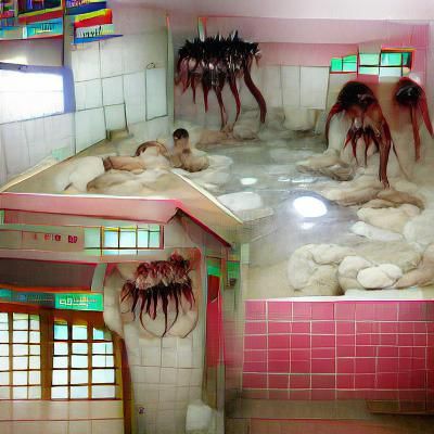 Eerie Bathhouse Nightmare in Surreal Style