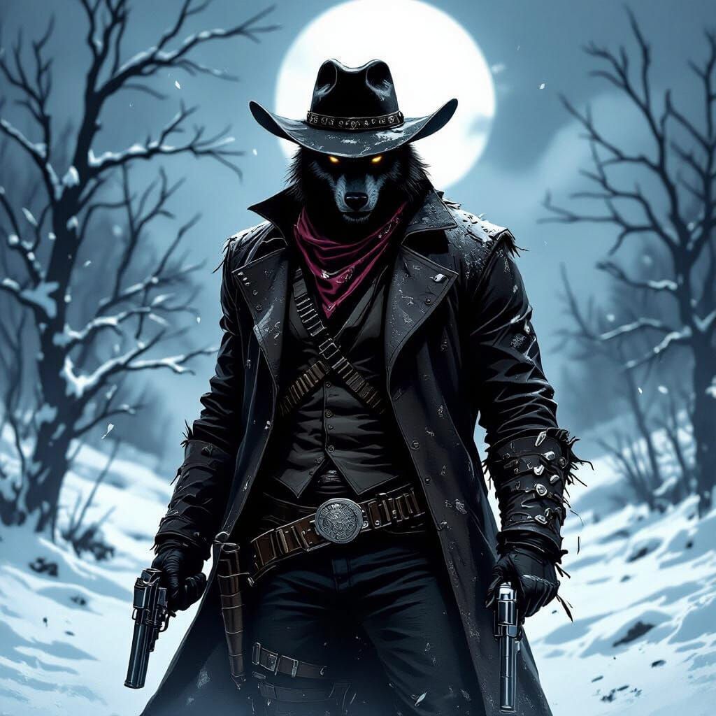 Werewolf Cowboy Aiming Pistols in Snowy Landscape