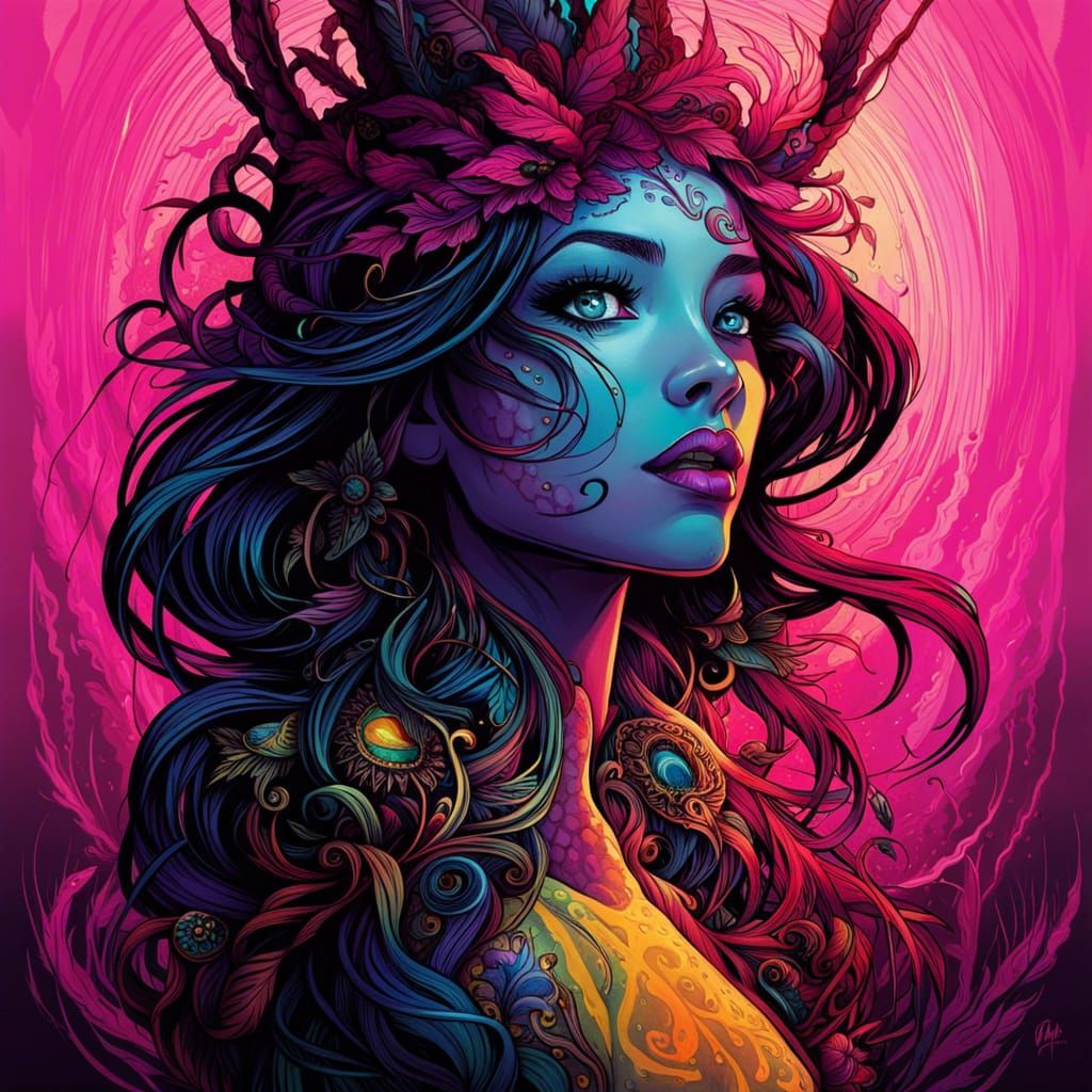 Psychedelic Portrait of Woman in Maximalist Style