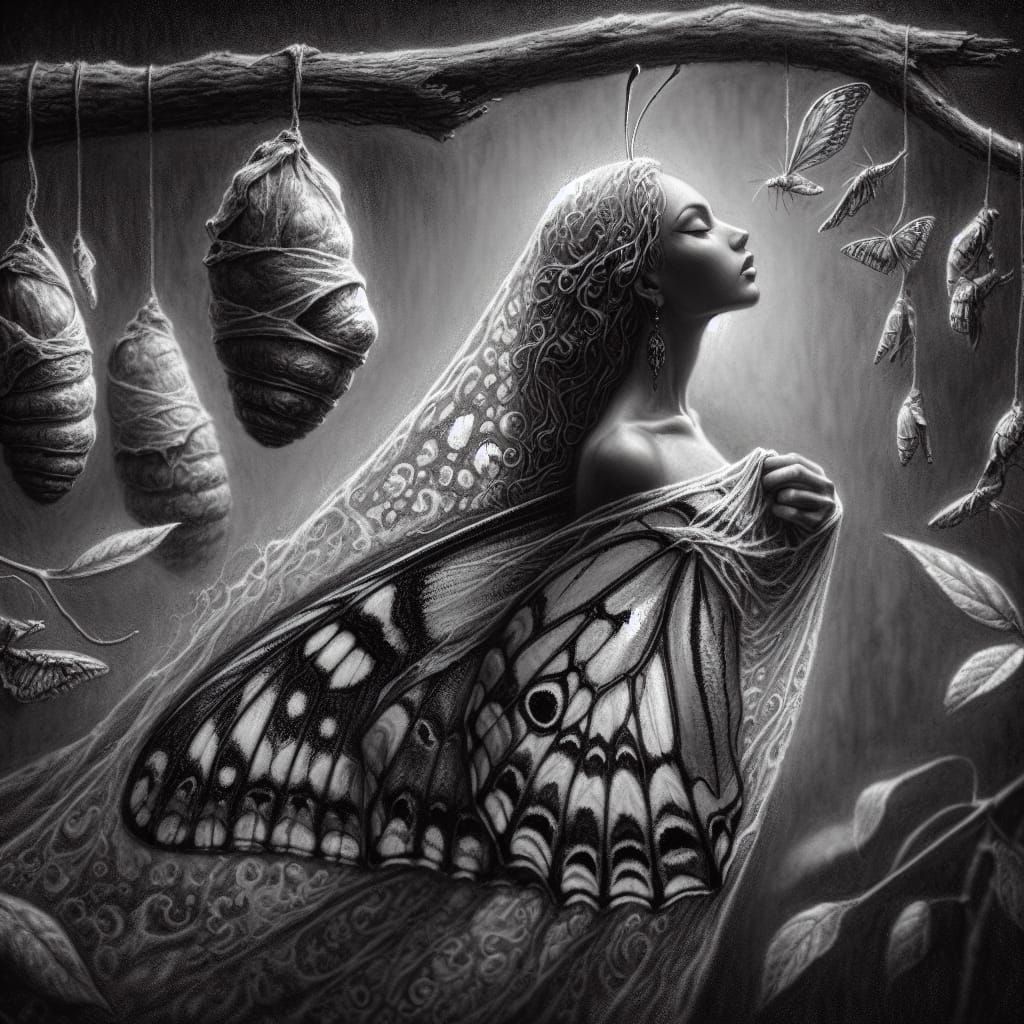 Butterfly Woman Emerges: Cinematic Charcoal Drawing