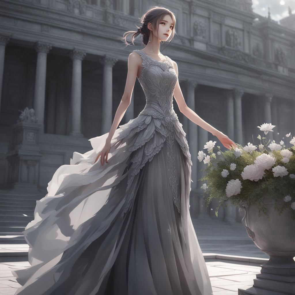 Anime Style Woman in Flowing Grey Dress