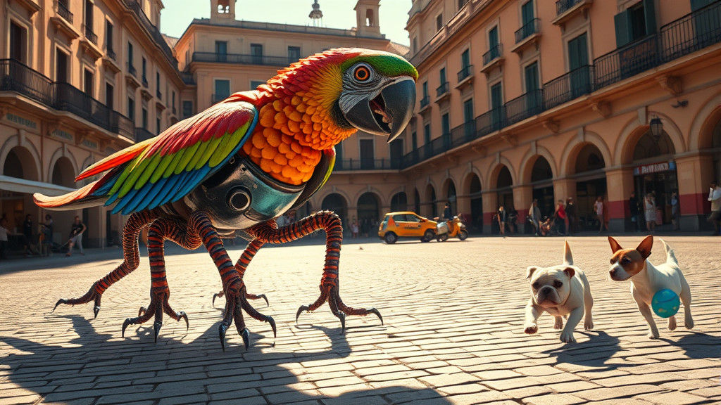 Kaleidoscopic Parrot-Centipede Greets Walkie-Talkie in Plaza