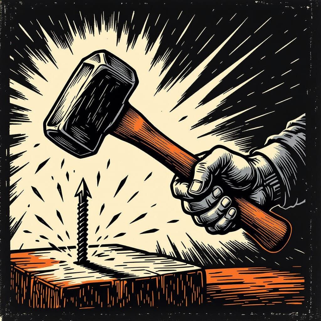 Two-Tone Woodcut: Hammer Striking Nail, Symbolizing Power
