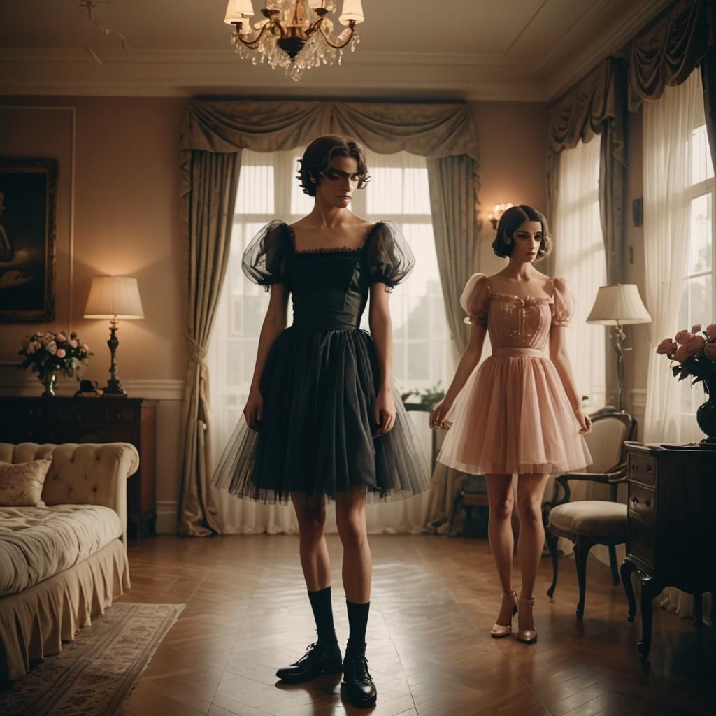 Cross-dressed Boy Curtsies in Sumptuous Villa, Cinematic Sty...