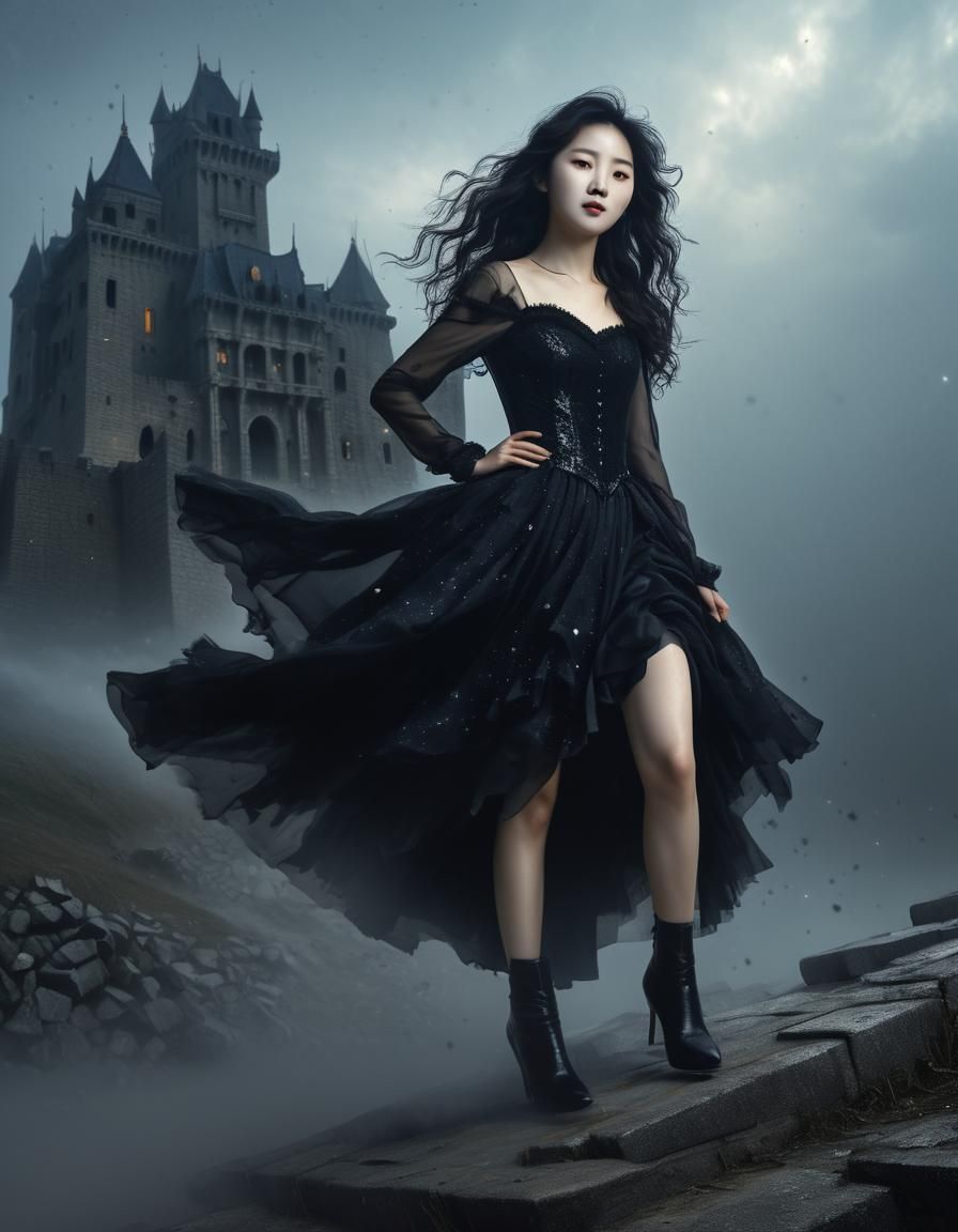 Korean Woman Emerging from Darkness, Renaissance Oil Paintin...